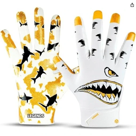 Lisaaz Legends M/L Shark Mouth Football Receiver Gloves Gold White Sticky Grip
