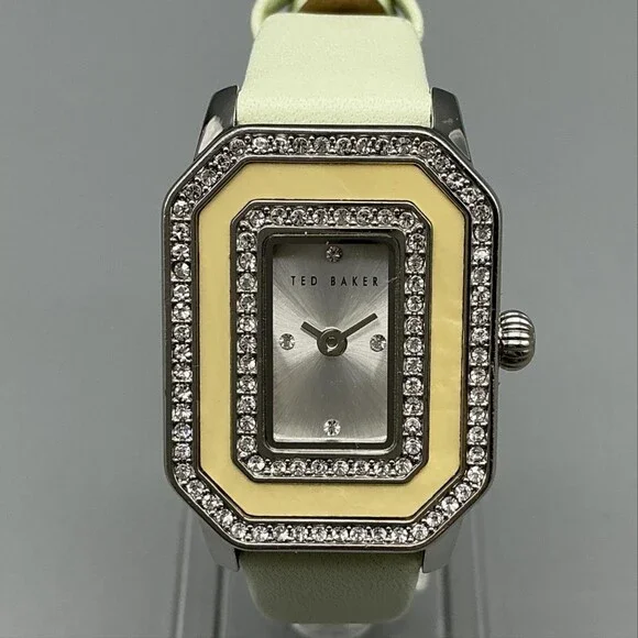 Ted Baker Womens Watch 24mm Silver Tone Crystals Green Leather New Battery