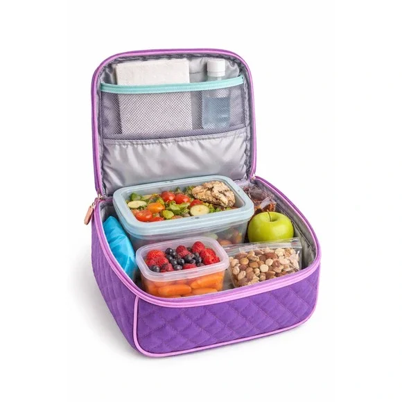 Genteen Purple Insulated Lunch Bag Quilted with Handled and‎ Mesh Side Pocket