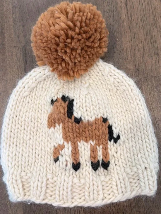 Cream Knit Pom Beanie with Brown Horse Motif - Toddler Accessories