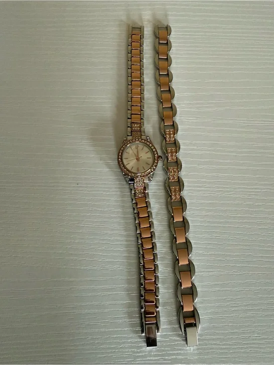 Two-Tone Rose Gold and Silver Women's Bracelet Watch with Crystal Accents