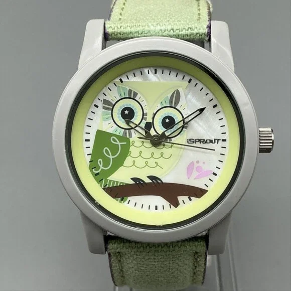 Sprout Girls Watch 38mm Owl MOP Dial Green Gray Case Canvas Strap New Battery