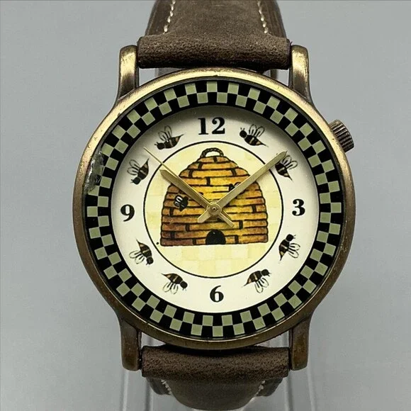 Womens Watch 33mm Beehive Bees Dial Gold Tone Brown Leather New Battery