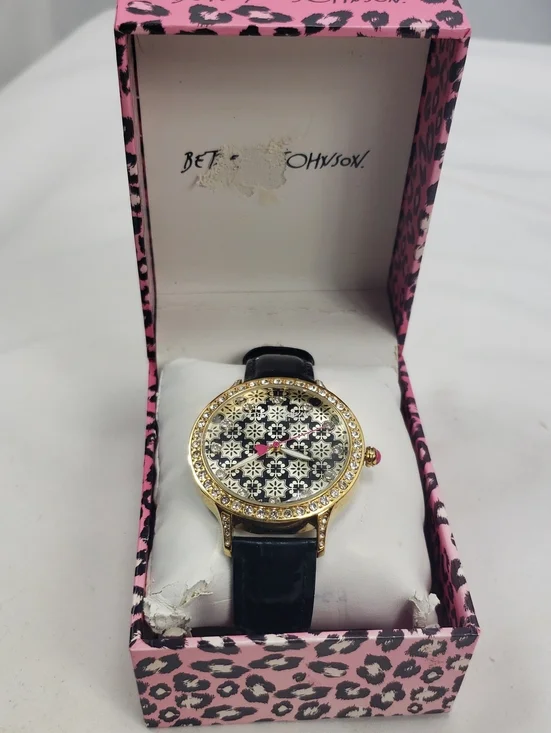 Betsey Johnson Working Rhinestone Black Leather Band Watch