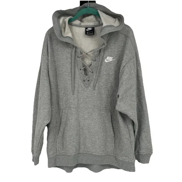 Nike Gray Pullover Lace Up Hooded Sweatshirt Hoodie Embroidered Medium