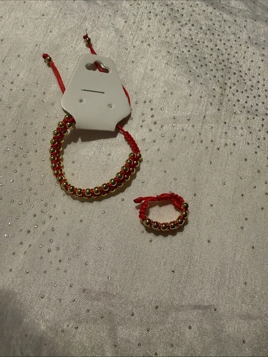 Red Cord Bracelet and Ring Set with Gold Beads for girls