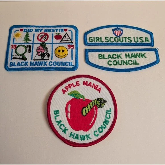 VTG 1990s Girl Scouts USA Wisconsin Black Hawk Council Troop ID Patch Badge Set