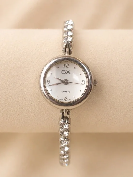 Vintage GX Rhinestone Bracelet Watch | Silver-Tone Quartz | Sparkly Crystal Band