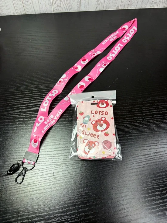 Pink Kids Lanyard with Card Holder - Strawberry Bear Design