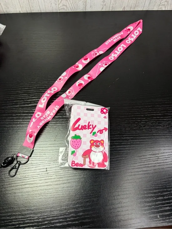 Pink LOTSO Strawberry Lanyard with Lucky Bear Card Holder