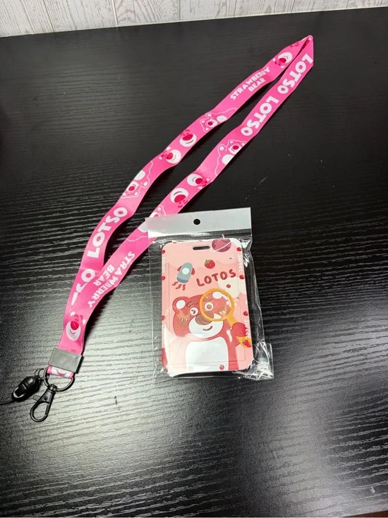 Lotos Strawberry Bear Pink Lanyard with Card Holder