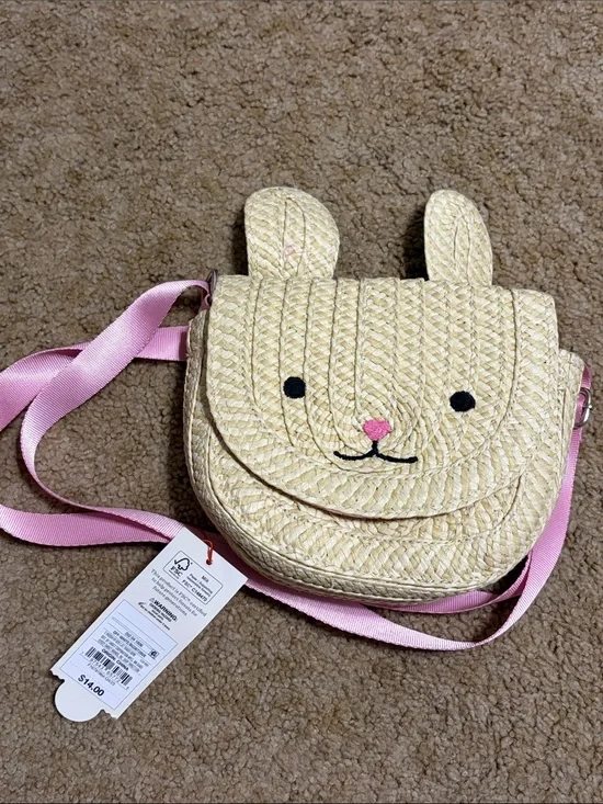 NWT-Straw Bunny Crossbody Bag with Pink Strap