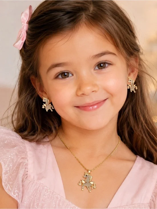 Gold Unicorn Necklace and Earring Set - Pink Accents