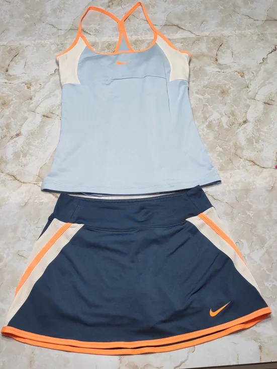 Nike Powder Blue & Navy/Teal Tennis Tank and Skort with Neon Orange Accents