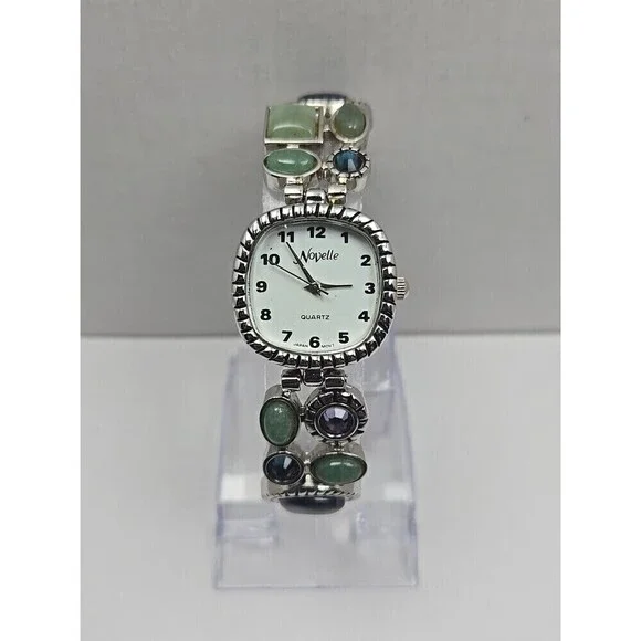 Novelle Gemstone Bracelet Watch Aventurine Blue Cabochon Silver Tone New Battery