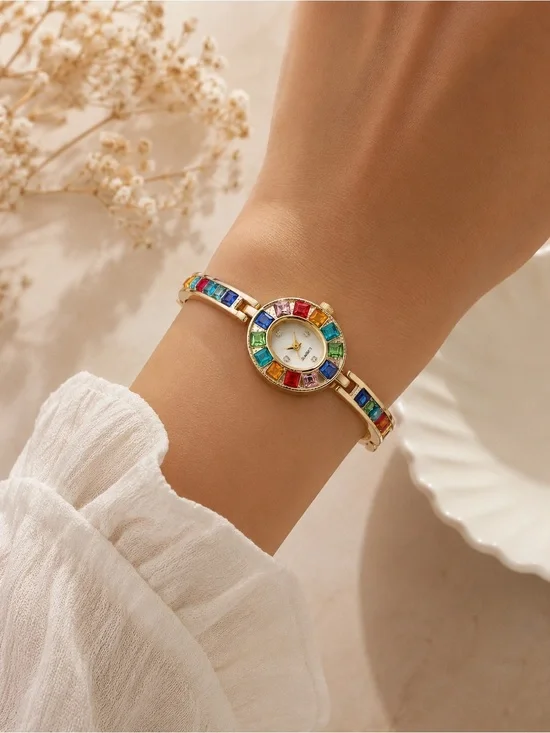 Vintage Inspired Rainbow Crystal Bangle Rhinestone Bracelet Y2K Glam Watch