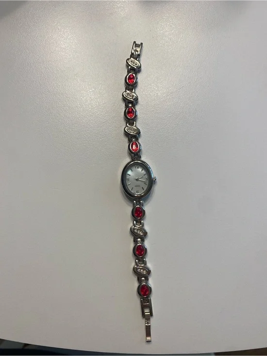 Silver Women's Bracelet Watch with Ruby Stone Accents