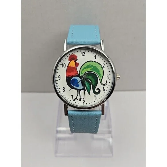 Kokofolk Rooster Folk Artisan Quartz Watch Blue Leather Band New Battery Poland