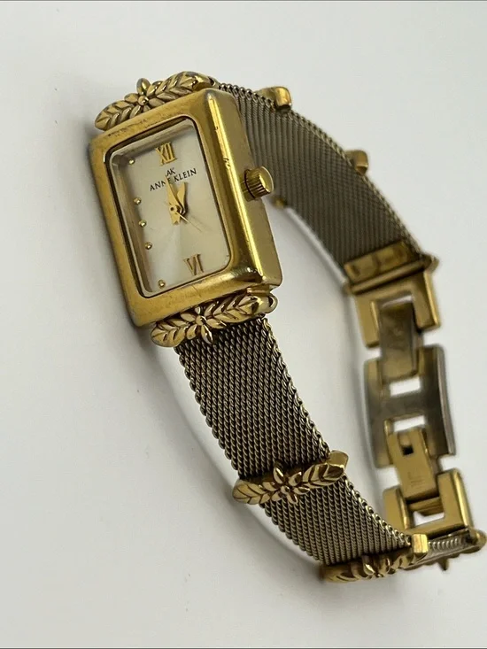 Anne Klein Women's Gold Mesh Bracelet Watch with Leaf Accents
