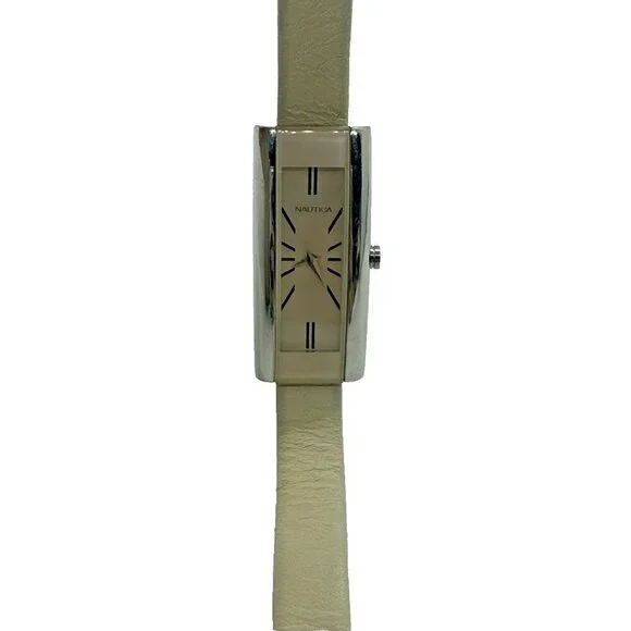 Nautica Women's Watch A07513L Rectangle Slim Beige Leather Band Silver Tone Case