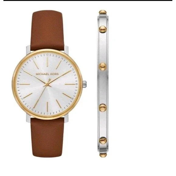 Michael Kors MK4898 Pyper Leather Band Quartz Women's Watch Bracelet Set