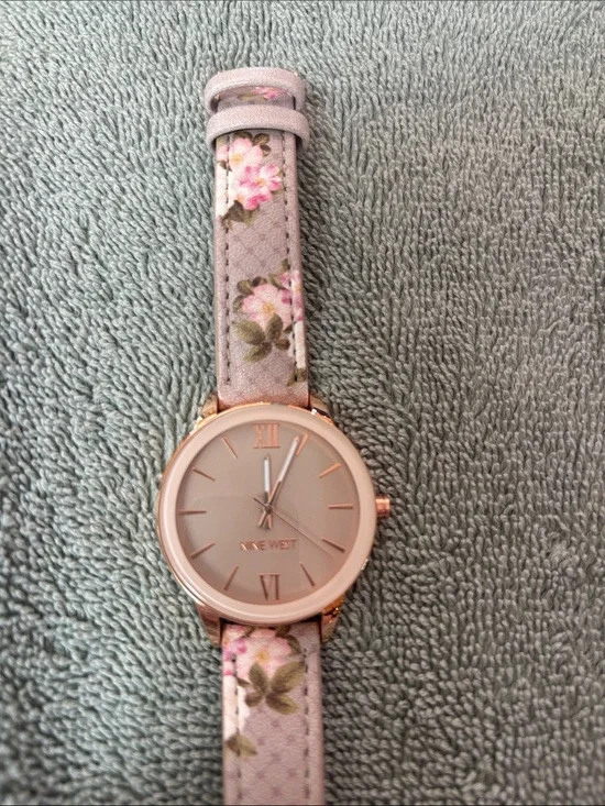 Nine West Rose Gold-Tone Case Floral Pink Strap Watch