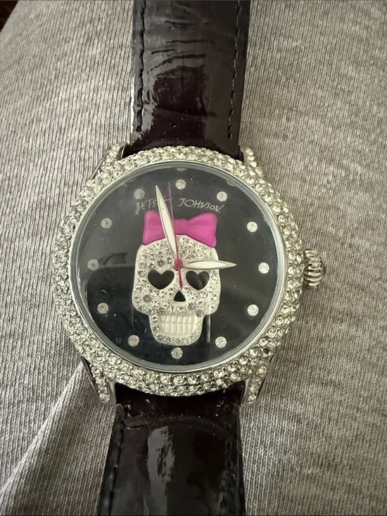 Betsey Johnson Silver Crystal Skull Watch with Pink Bow and Black Dial
