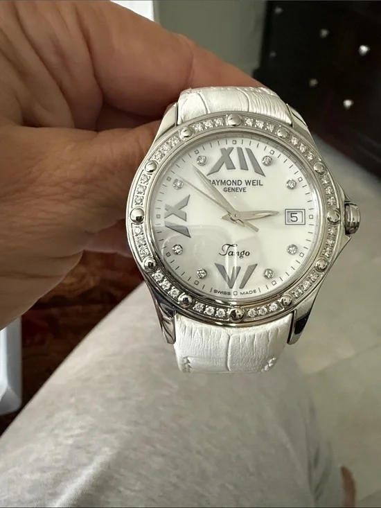 Raymond Weil  Diamond  Bezel Tango Watch with White Leather Strap
