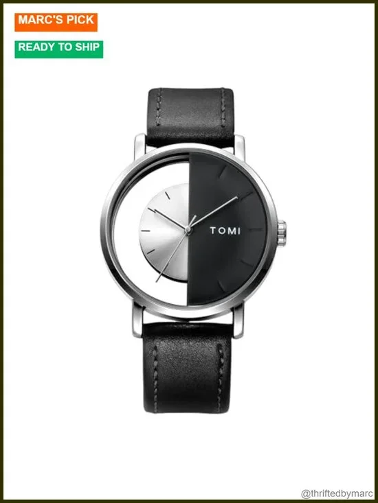 Half-Hollowed Transparent Dial Quartz Watch with Leather Band Waterproof Casual