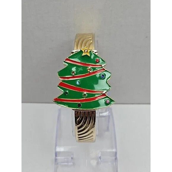 Arm Candy Christmas Tree Ladies Cuff Watch Quartz Gold Tone New Battery Xmas Fun