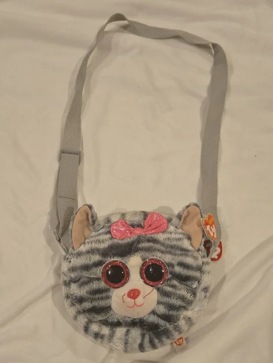 Ty Gray Tabby Kitty Plush Crossbody Bag with Pink Bow