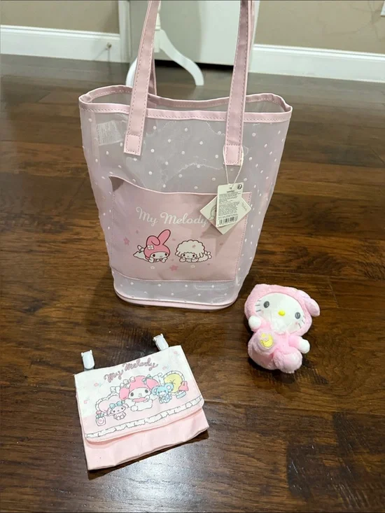 My Melody Pink Tote Bag with Hello kitty Plush Charm