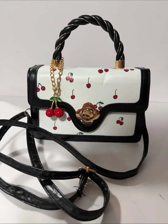 Cherry Print Top-Handle Crossbody Bag - Black & White