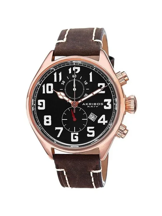 NWT Akribos XXIV Essential Chronograph Black Dial Brown Leather Men's Watch