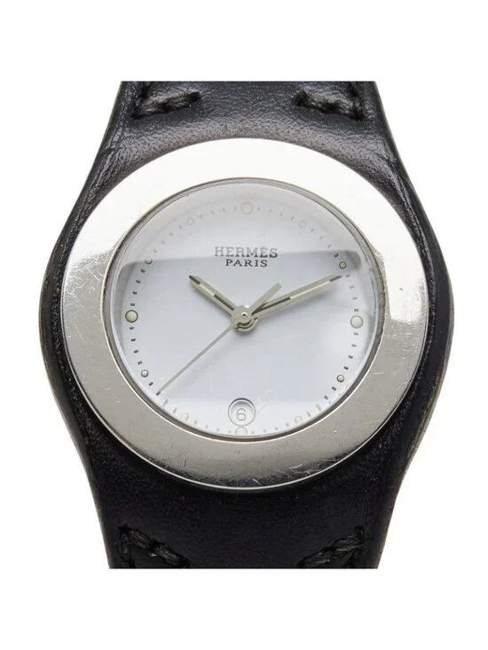 Hermes Ahne Watch White Silver Black Stainless Steel Leather
