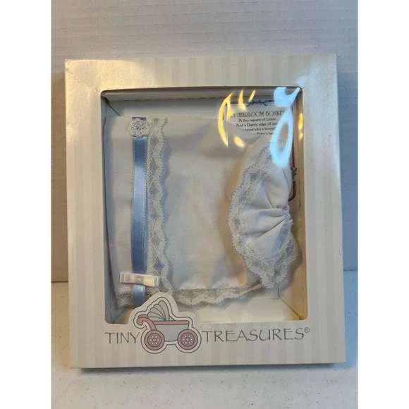 Tiny Treasures Heirloom Keepsake Bonnet White Linen Blue Lace 5202B Vintage 2003