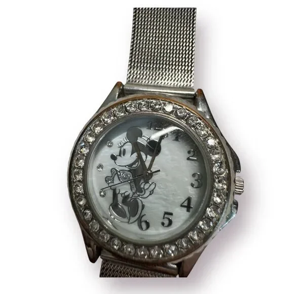 Disney Accutime Quartz Wristwatch Minnie Mouse CZ Bezel Steel Mesh Band MN2074CV