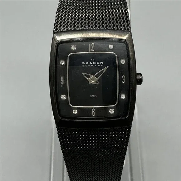 Skagen Womens Watch 21mm Black Dial Crystals Mesh Bracelet Steel New Battery