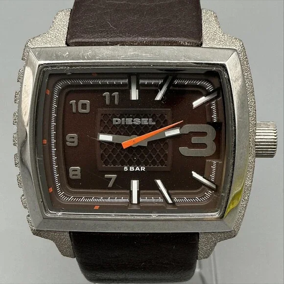 Diesel DZ-1364 Mens Watch 46mm Silver Tone Brown Leather Stainless New Battery