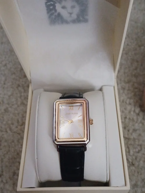 Anne Klein Rectangular Gold Tone Case Watch with Black Leather Strap