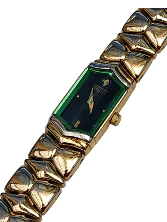 Vintage 90s Citizen Elegance 5421 Women Green Dial Gold-Tone Hexagon Watch 7.25