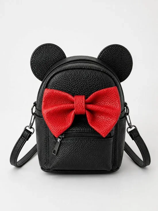 Minnie Mouse Style Mini Backpack Crossbody Black Red Bow Faux Leather