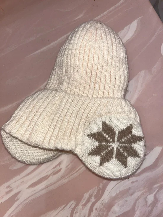 Cream Knit Winter Hat with Brown Star Ear Patches