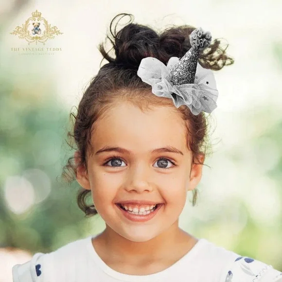 NWT Cute Princess Happy Birthday Hat Girls Hair Clip Grey & Gold Glitter