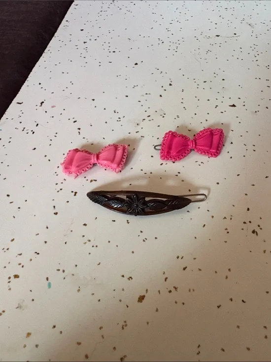 Kids Pink Bow Hair Clips and Brown Floral Barrette Set - 1960’s vintage.