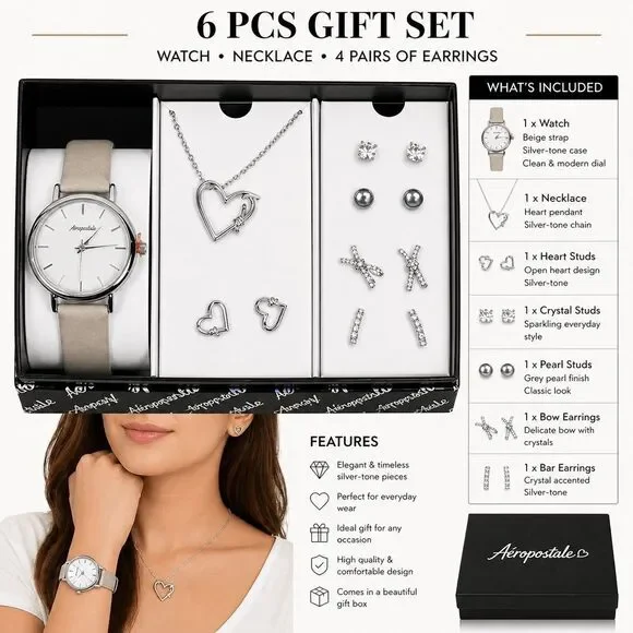 Aeropostale Watch Jewelry Set Necklace Earrings Silver Tone Heart