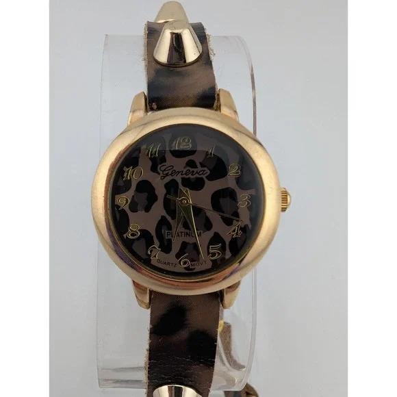 Geneva Platinum Leopard Wrap‎ Watch Studded Band 26mm Case- New Battery