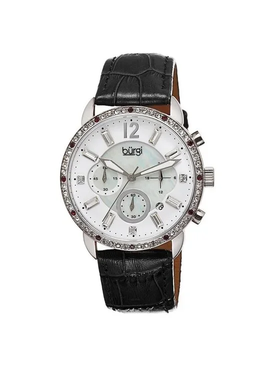 NWT Burgi Crystal Chronograph Black Leather Mother of Pearl Dial Ladies Watch