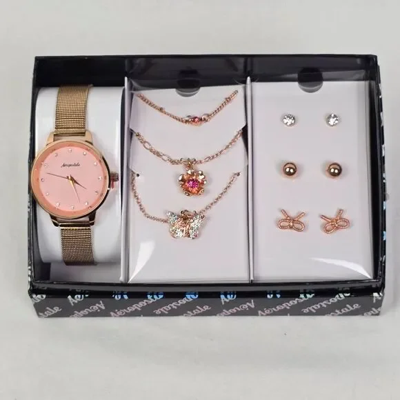 Aeropostale Watch Jewelry Set Necklace Earrings Rose Gold Pink