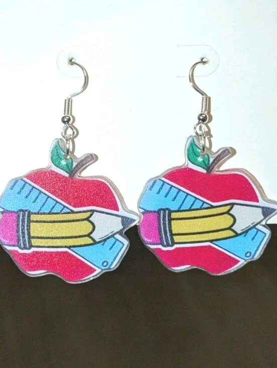 Hand Crafted Women/Kids Red Apple & Pencil Dangle Earrings